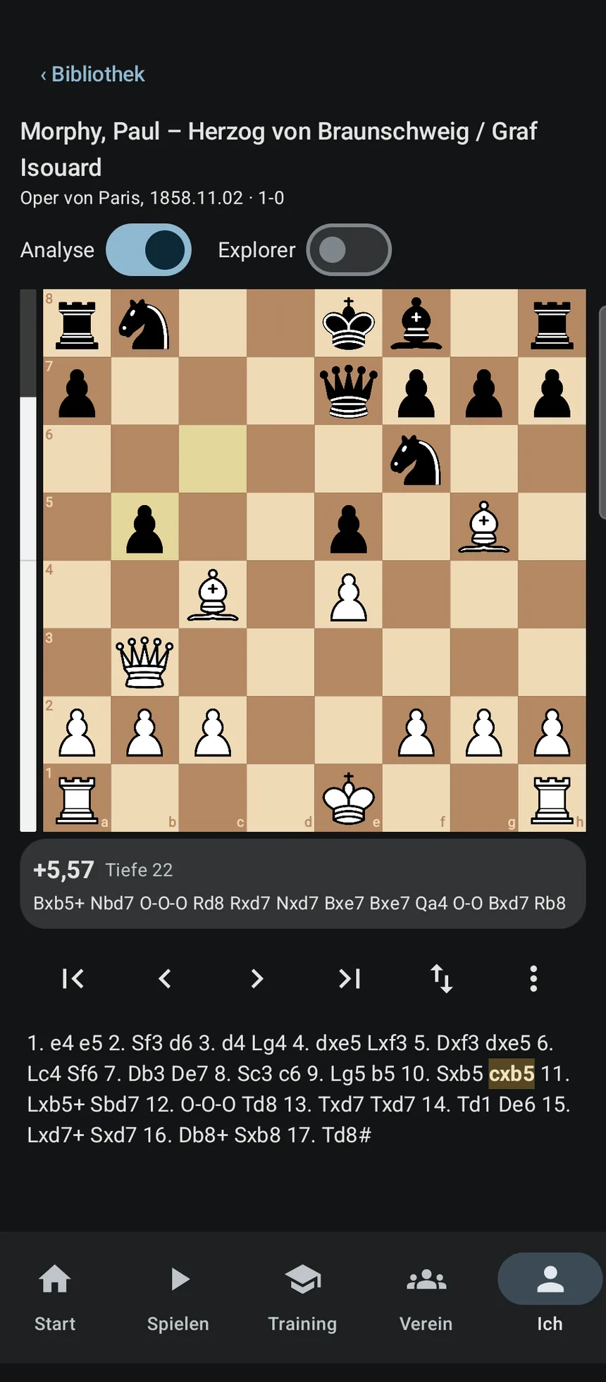 Analysebrett mit Bewertungsbalken und Hauptvariante