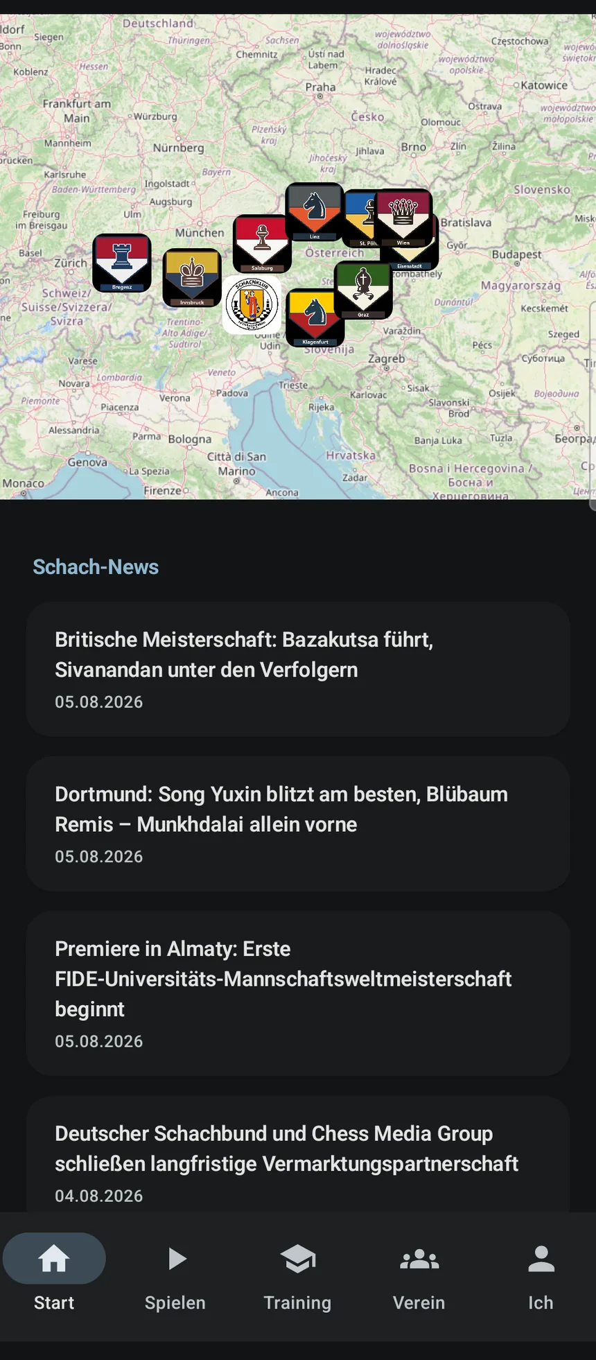 Vereinskarte Österreichs mit den Wappen der Schachvereine