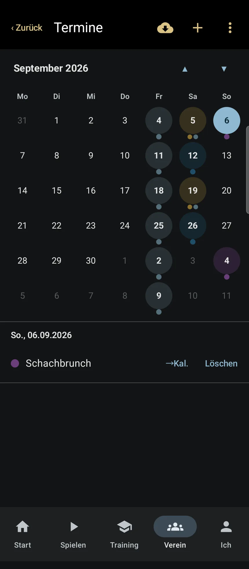 Terminkalender mit Farben je Liga